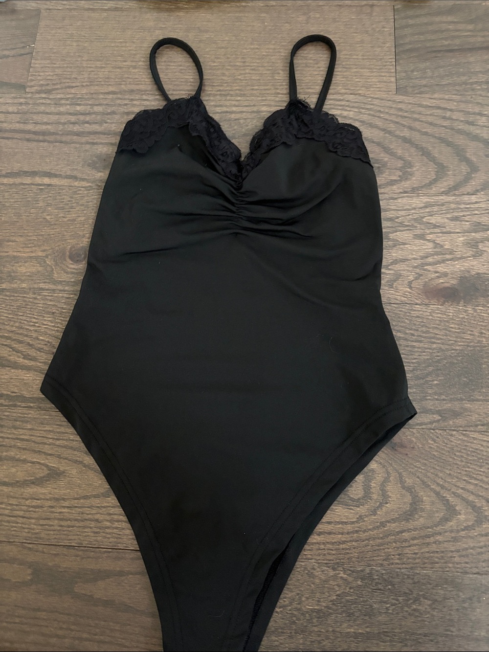 SHEIN Black Lace-Trim Bodysuit with Spaghetti Straps